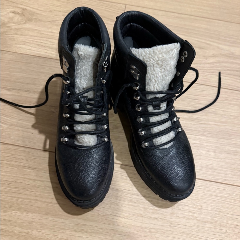 Marc Fisher Black Leather Boots with White Fleece Lining